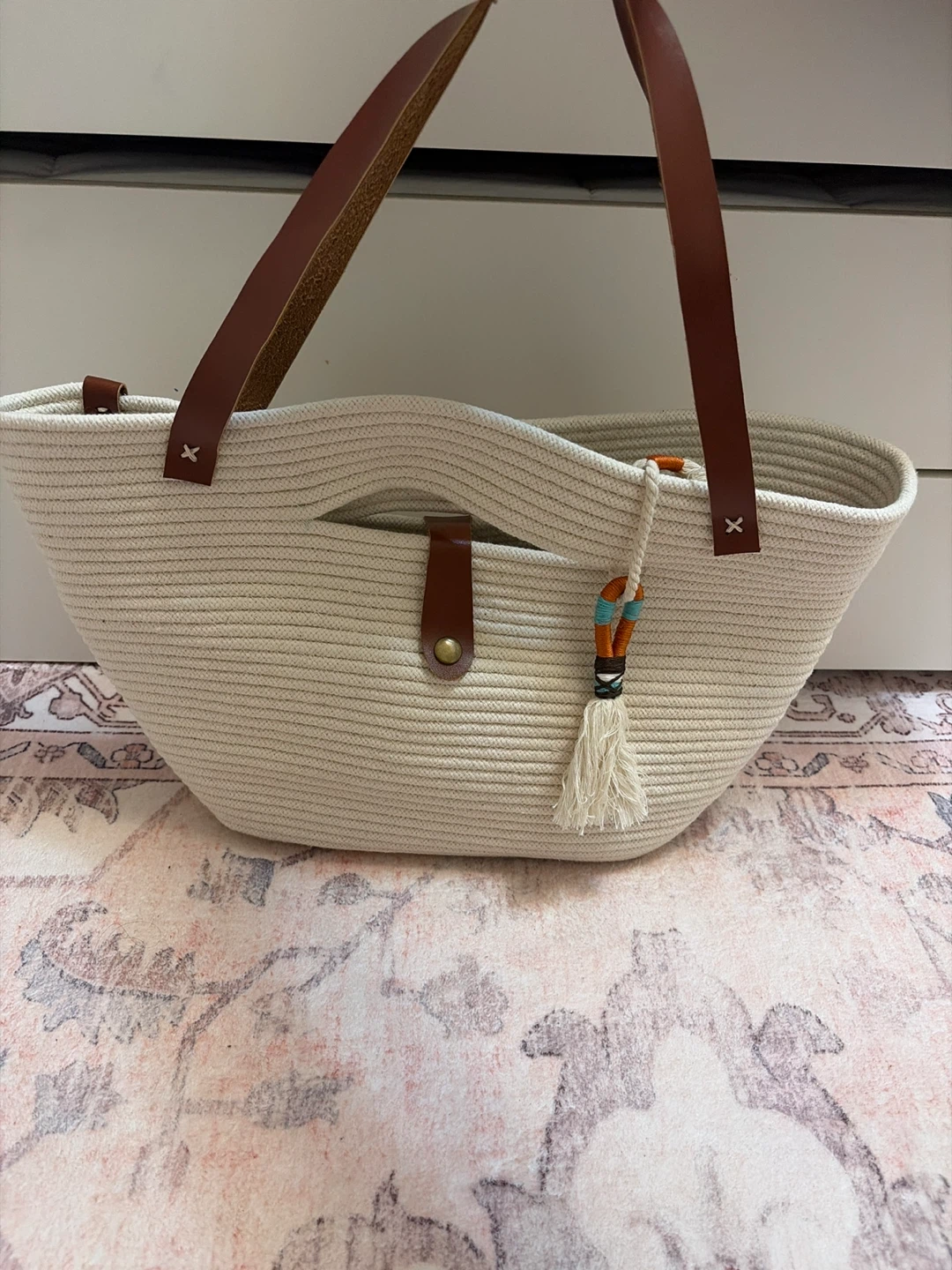 Cream Summer Tote Bag with Leather Straps