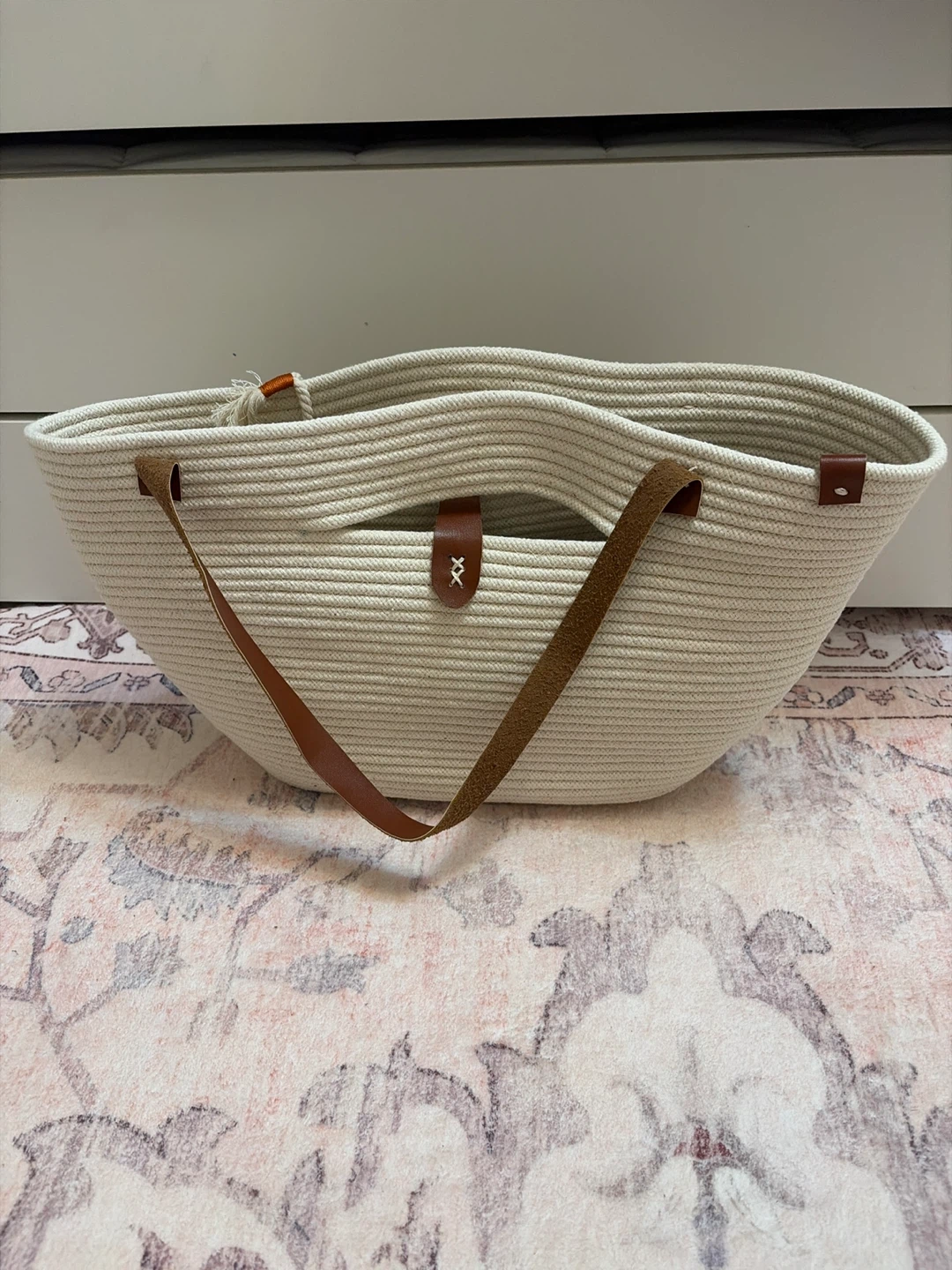 Cream Summer Tote Bag with Leather Straps - photo 3