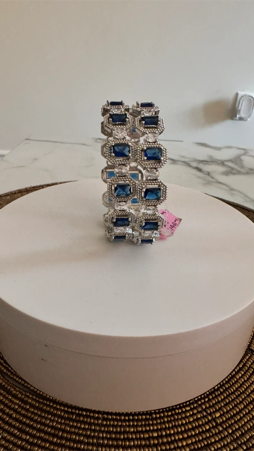 Set of 2 Silver-Tone Bracelets with Blue Gems