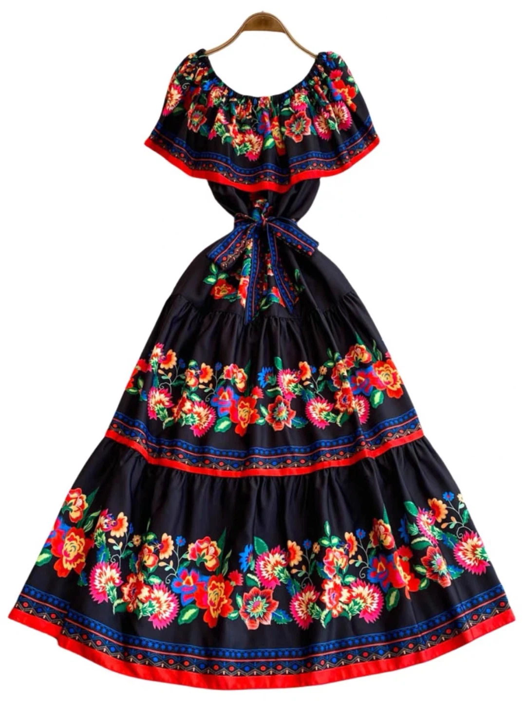 Black Off-the-Shoulder Maxi Dress with Floral Print - photo 3