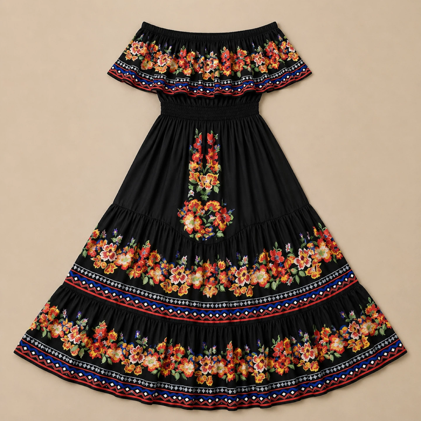 Black Off-the-Shoulder Maxi Dress with Floral Print
