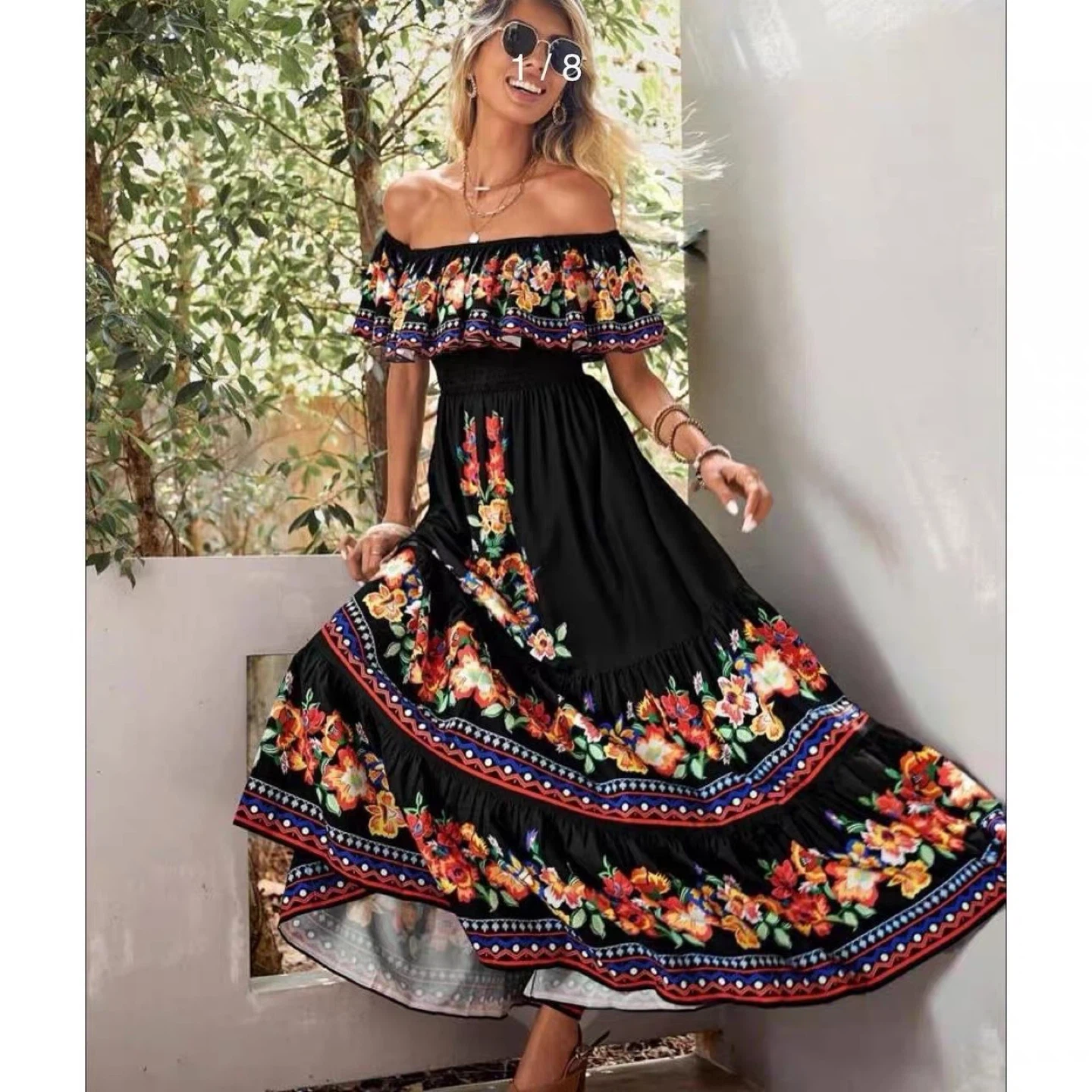 Black Off-the-Shoulder Maxi Dress with Floral Print - photo 2
