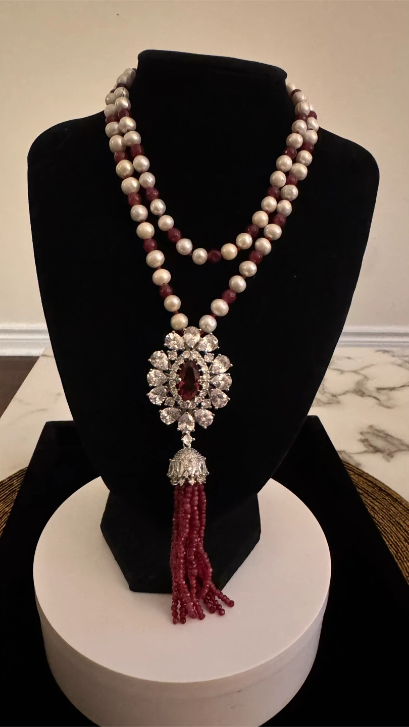 Tayani  pearl and ruby beaded necklace with statement pendant