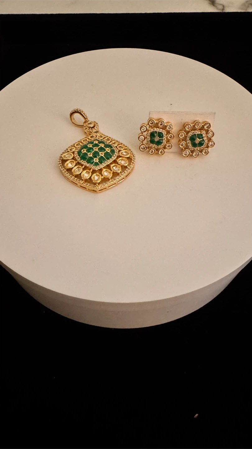 Gold-tone Pendant and Earrings Set with Green Stones