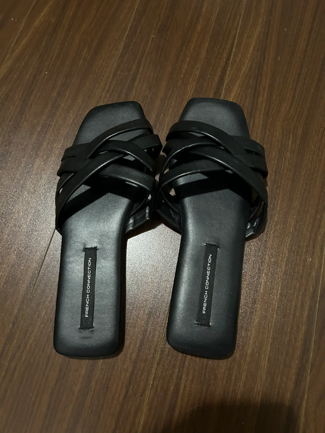 French Connection Black Braided Strap Slides