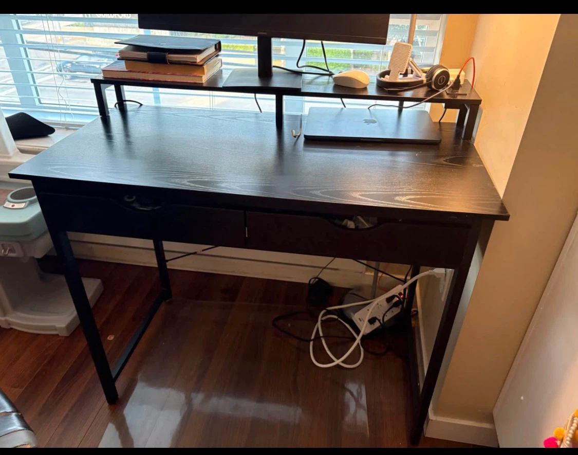 Black Wooden Desk with Monitor Stand