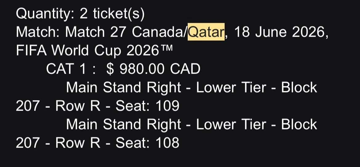 Canada vs Qatar cat 1 tickets *2