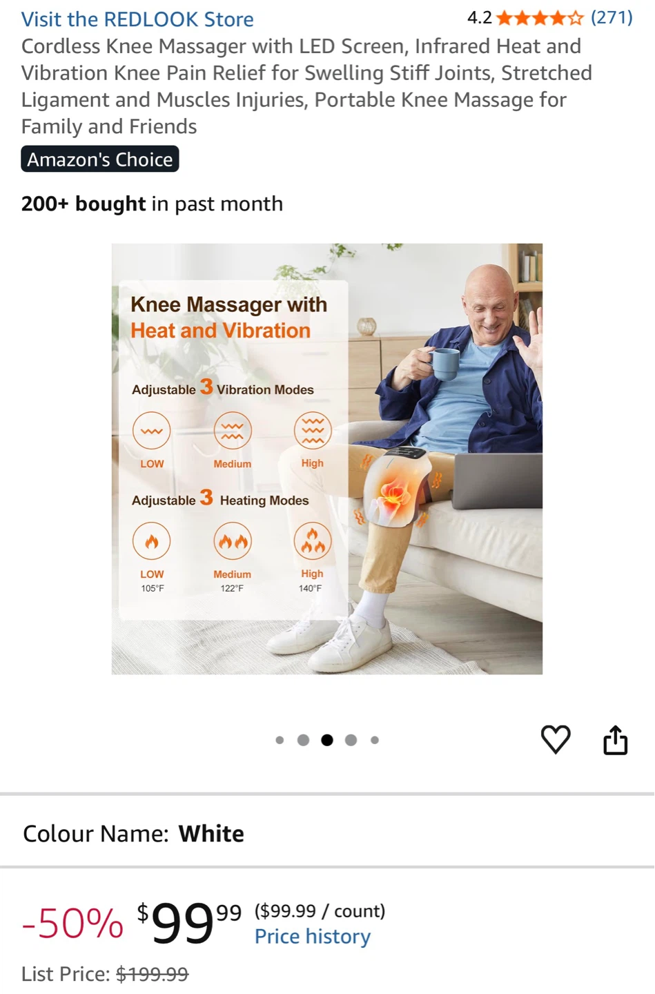 Cordless Knee Massager with LED Screen, Heat & Vibration - White - photo 3