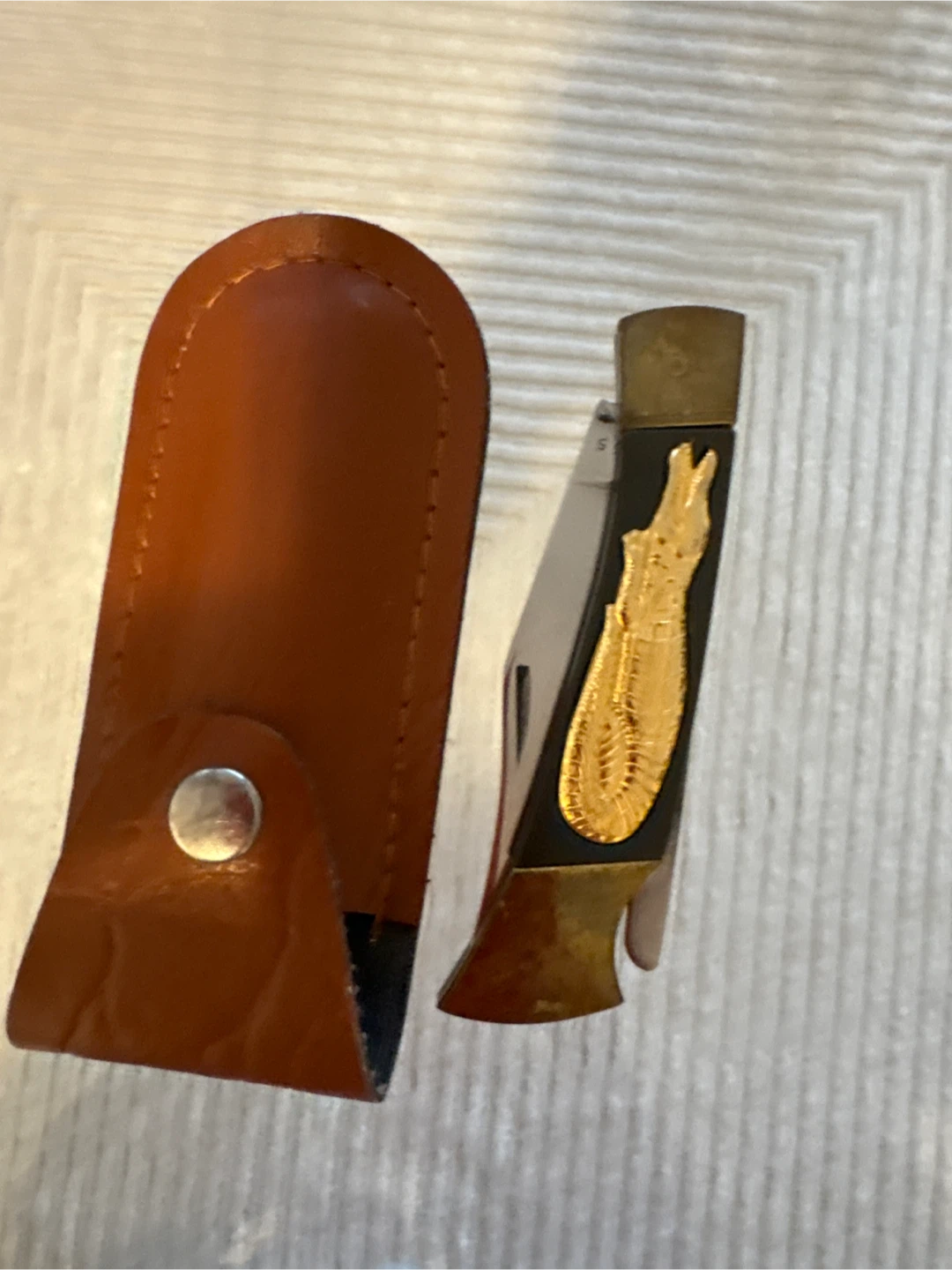 Vintage Brass Alligator Folding Pocket Knife w/ Leather Sheath