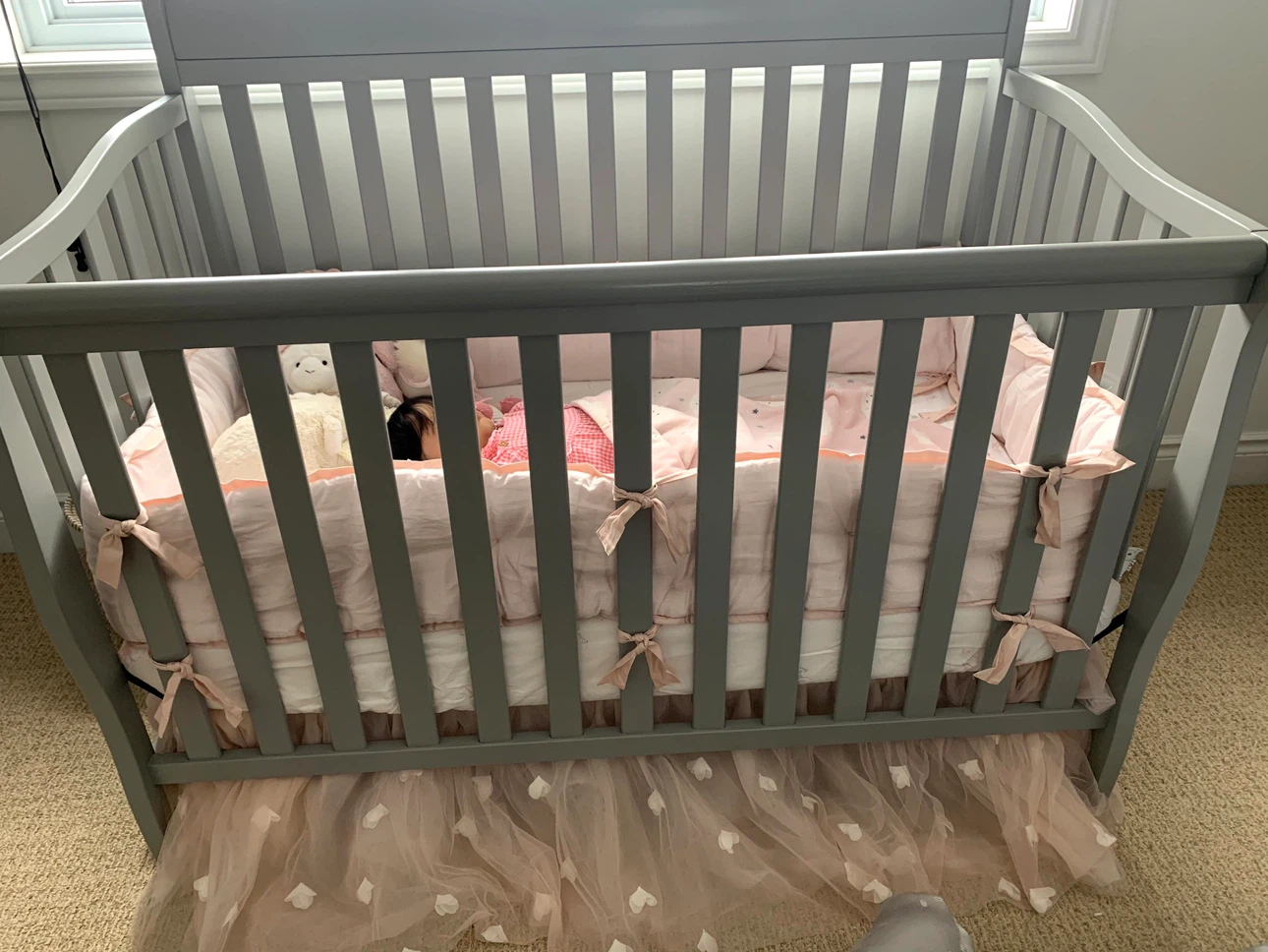 Grey Baby Crib with Pink Bedding - photo 2
