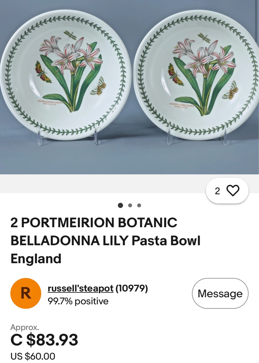 2 Portmeirion Botanic Garden Pasta Bowls