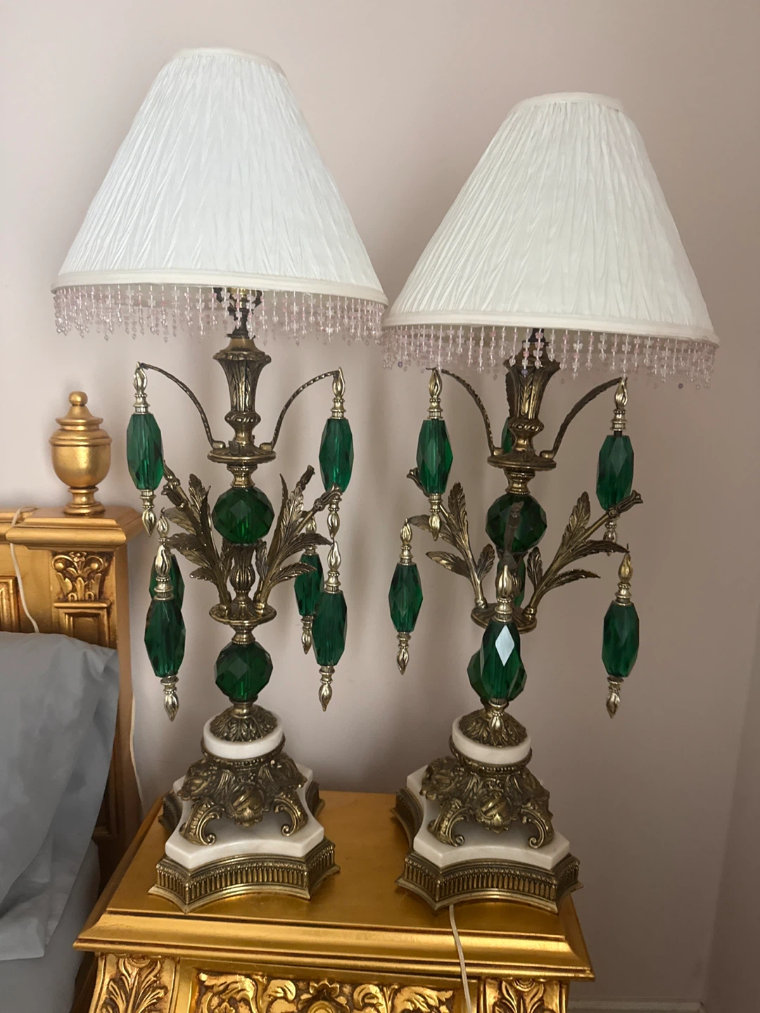 Vintage Green Crystal Table Lamps - Pair