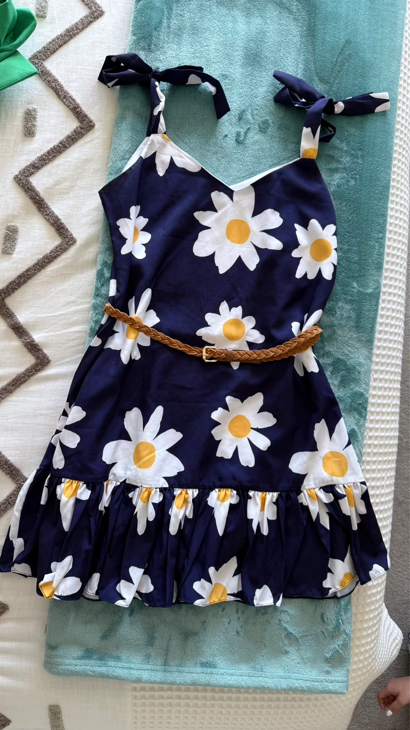 Navy Daisy Print Dress with Belt