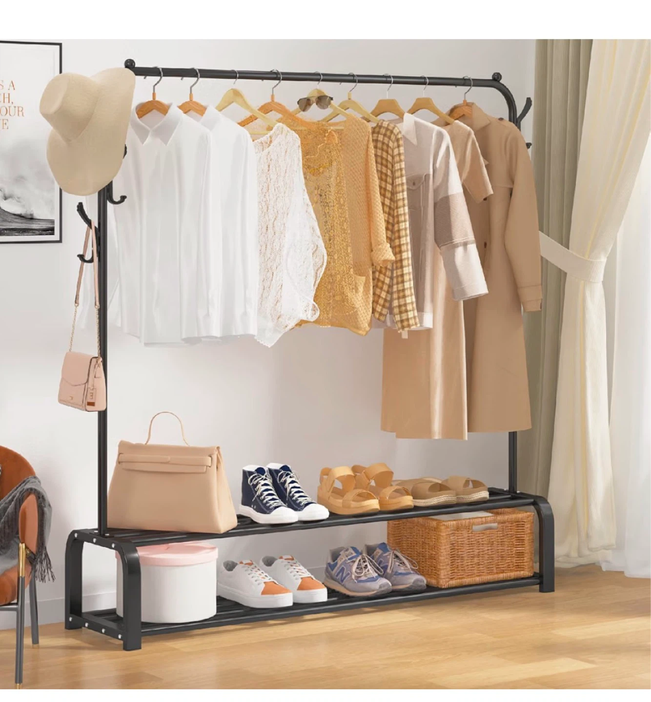 Black Metal Garment Rack with Shoe Storage Shelves - photo 4