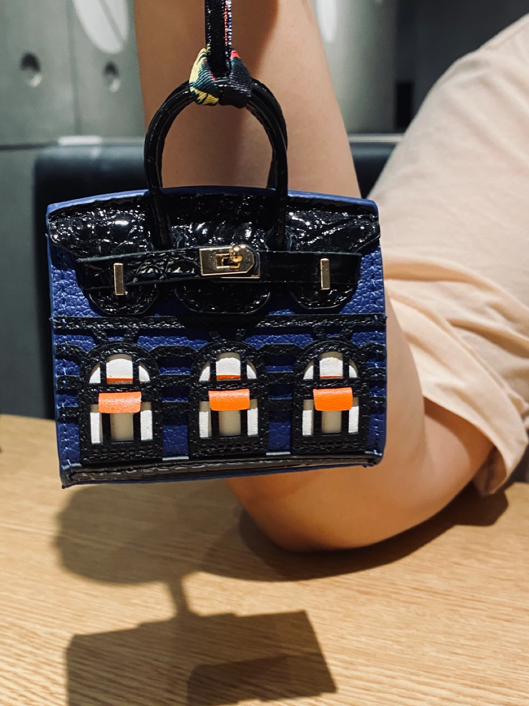 Miniature Blue Handbag with Black Accents