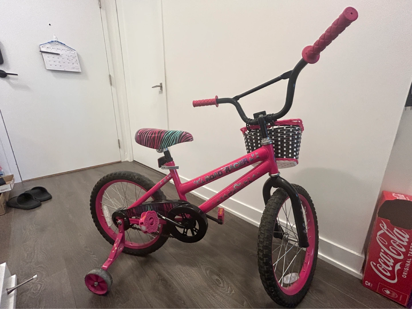 Pink Kids Bike with Training Wheels and Basket