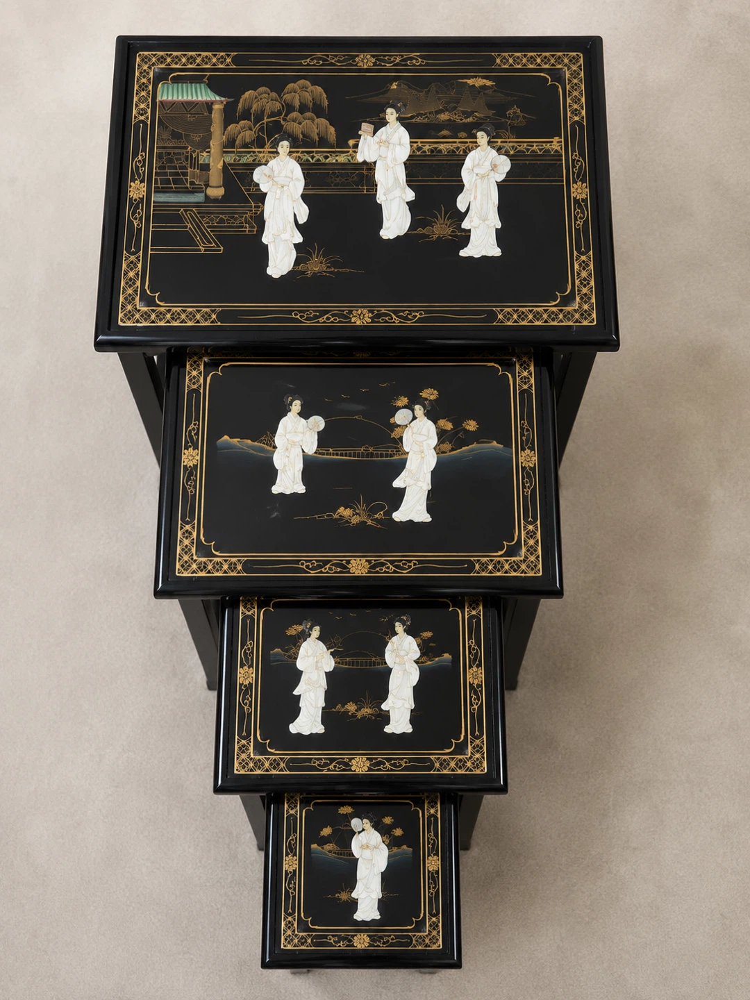 Nesting Tables Set - Black Lacquer with Asian Scene Decor
