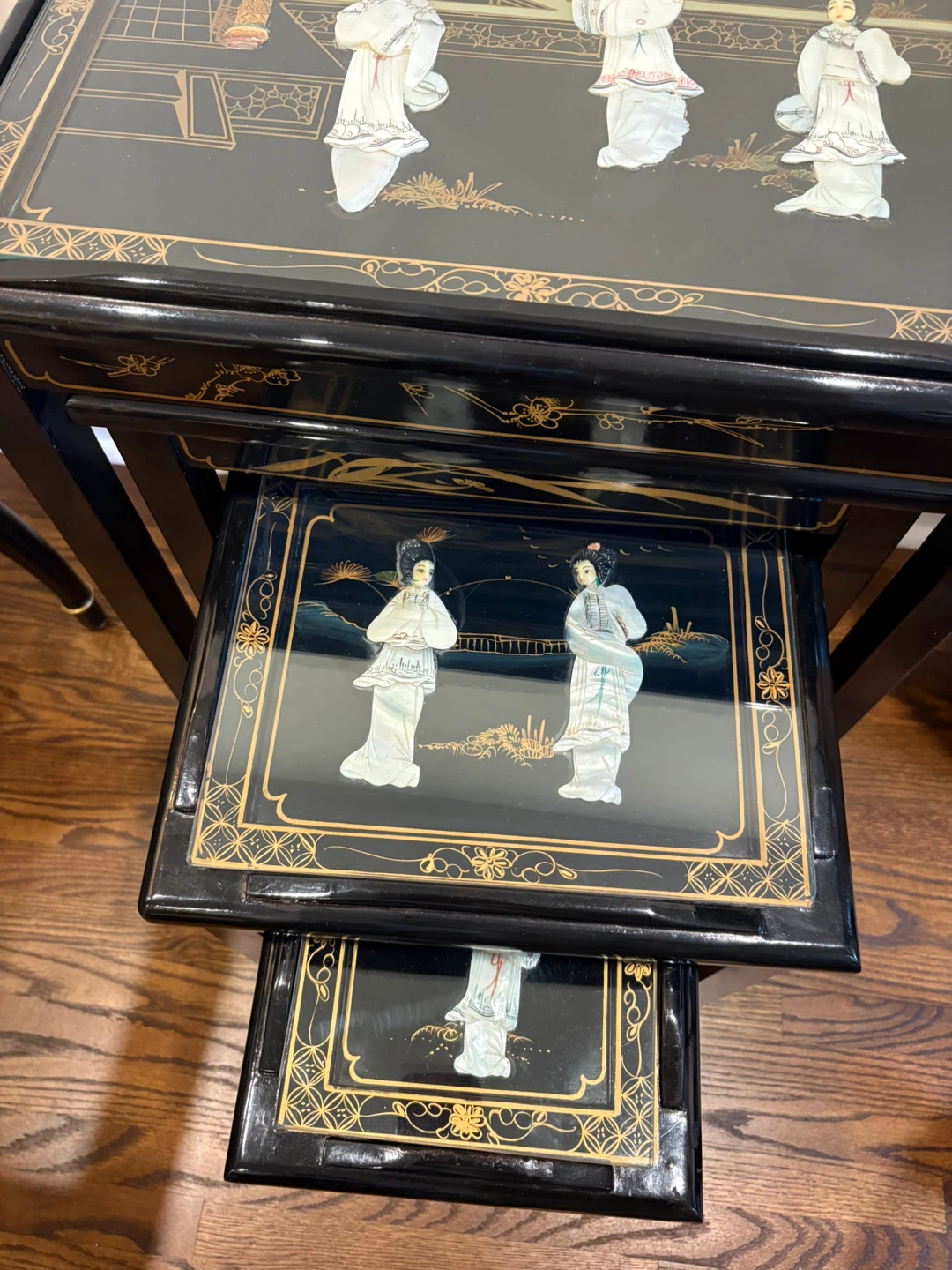 Nesting Tables Set - Black Lacquer with Asian Scene Decor - photo 4