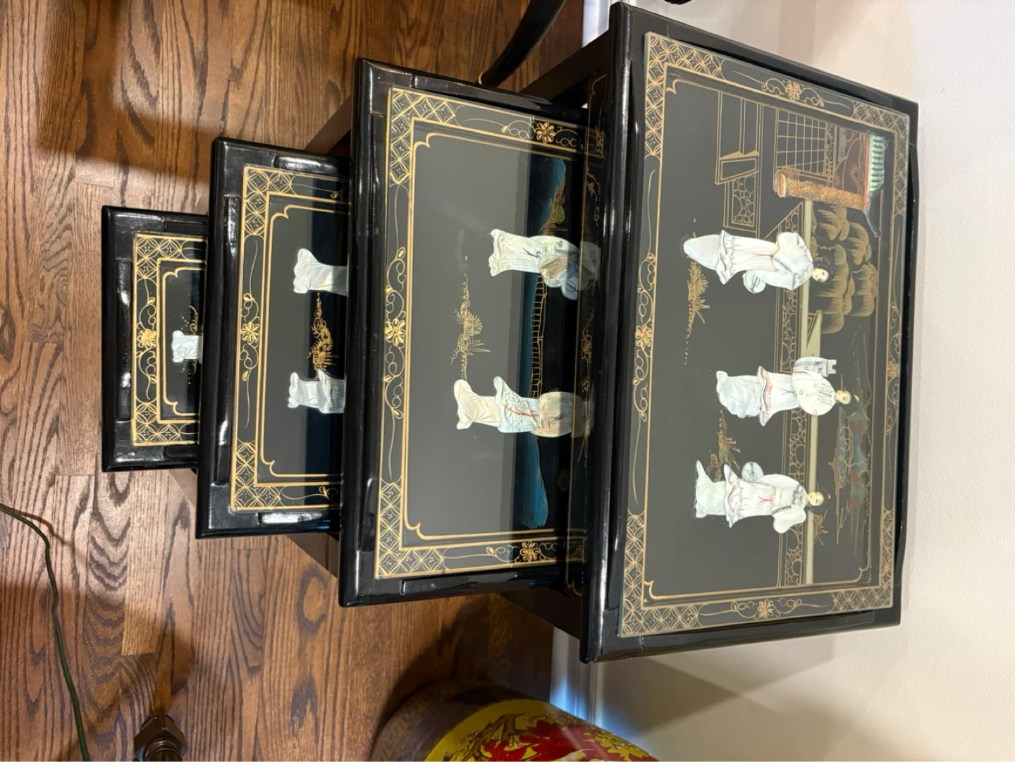 Nesting Tables Set - Black Lacquer with Asian Scene Decor - photo 3