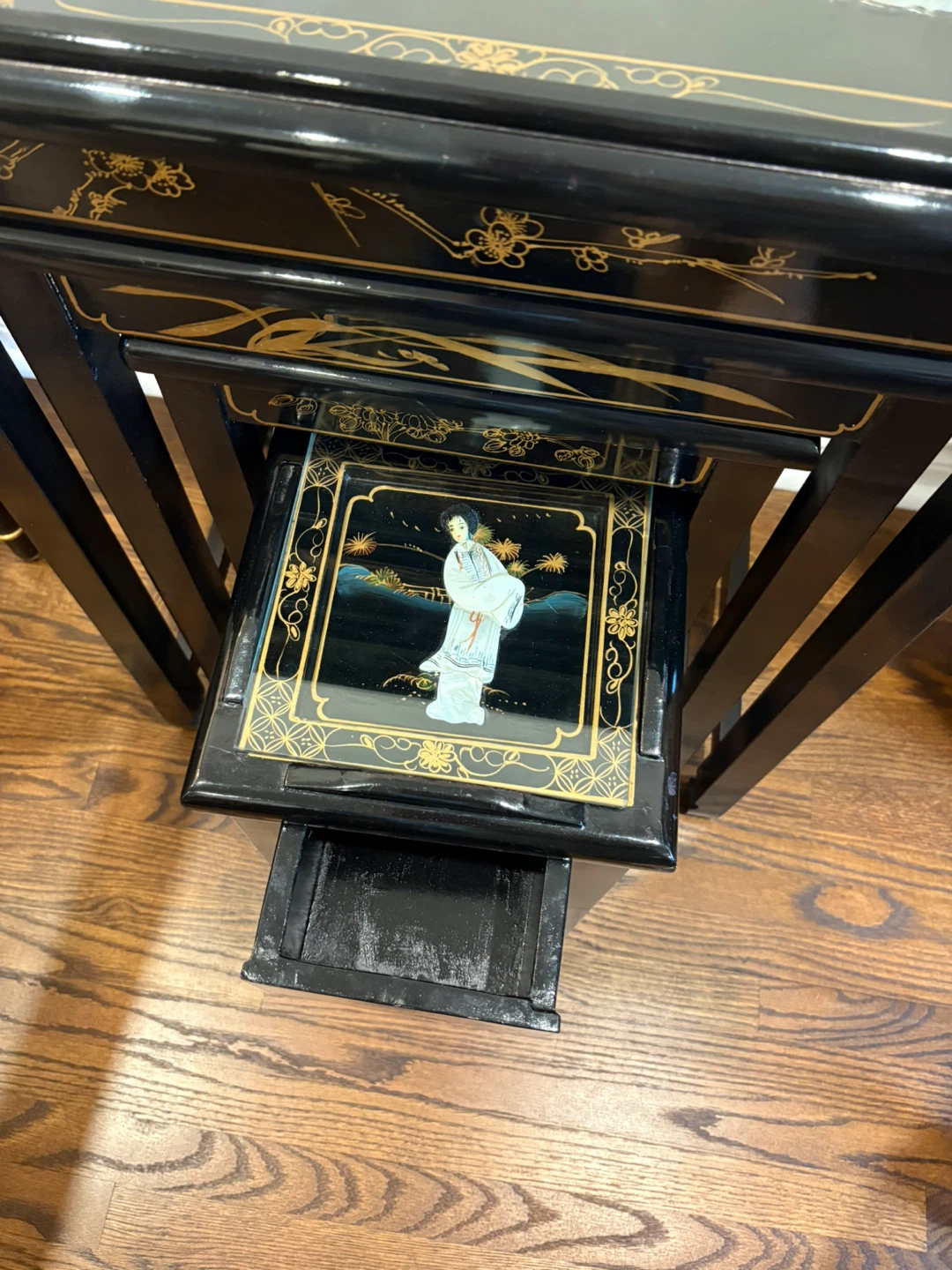 Nesting Tables Set - Black Lacquer with Asian Scene Decor - photo 5
