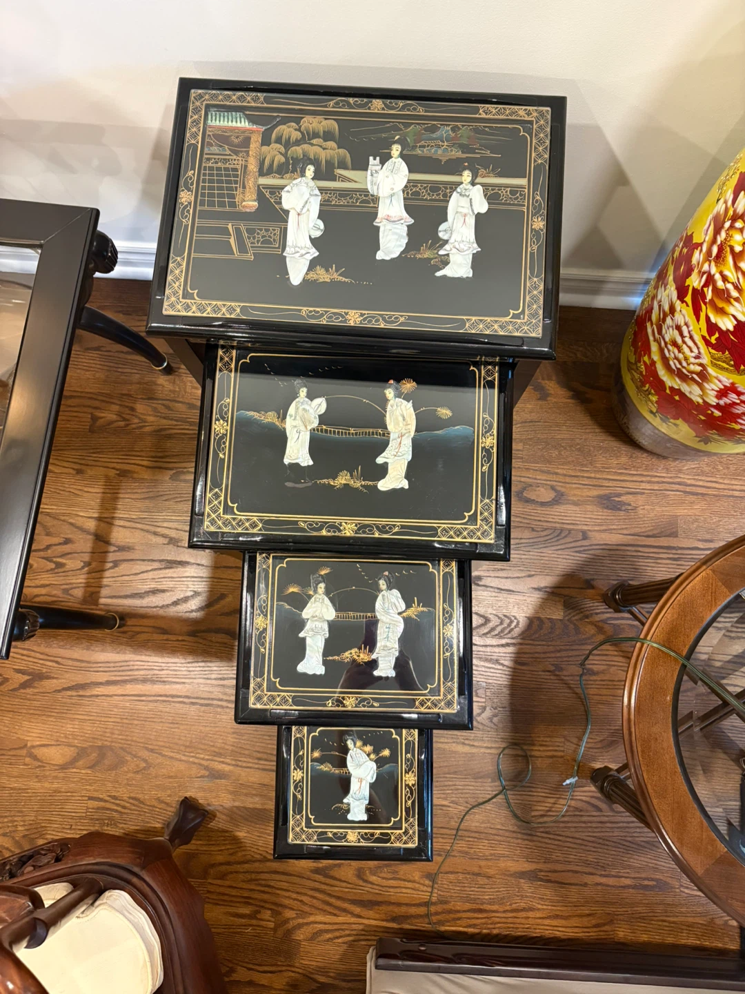 Nesting Tables Set - Black Lacquer with Asian Scene Decor - photo 2