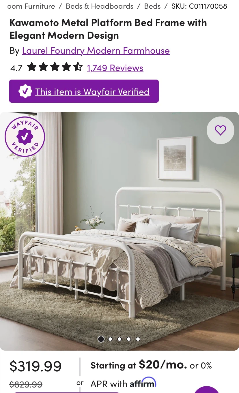 Kawamoto Metal Platform Bed Frame - White