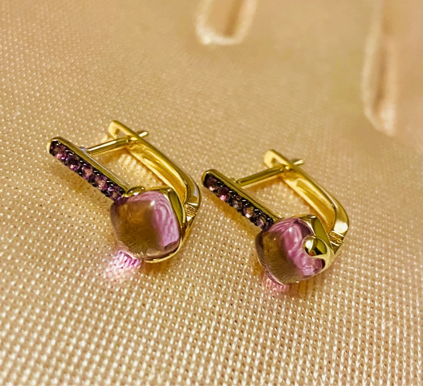 14K Rose Gold Amethyst Earrings. Yellow gold