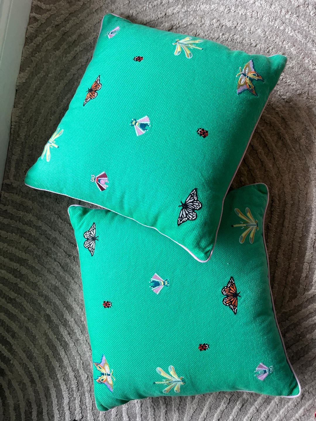 Pair of Green Decorative Pillows Butterfly Insect Design