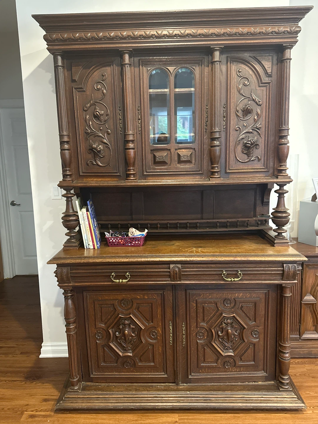 Antique Oak China Cabinet with Glass Doors