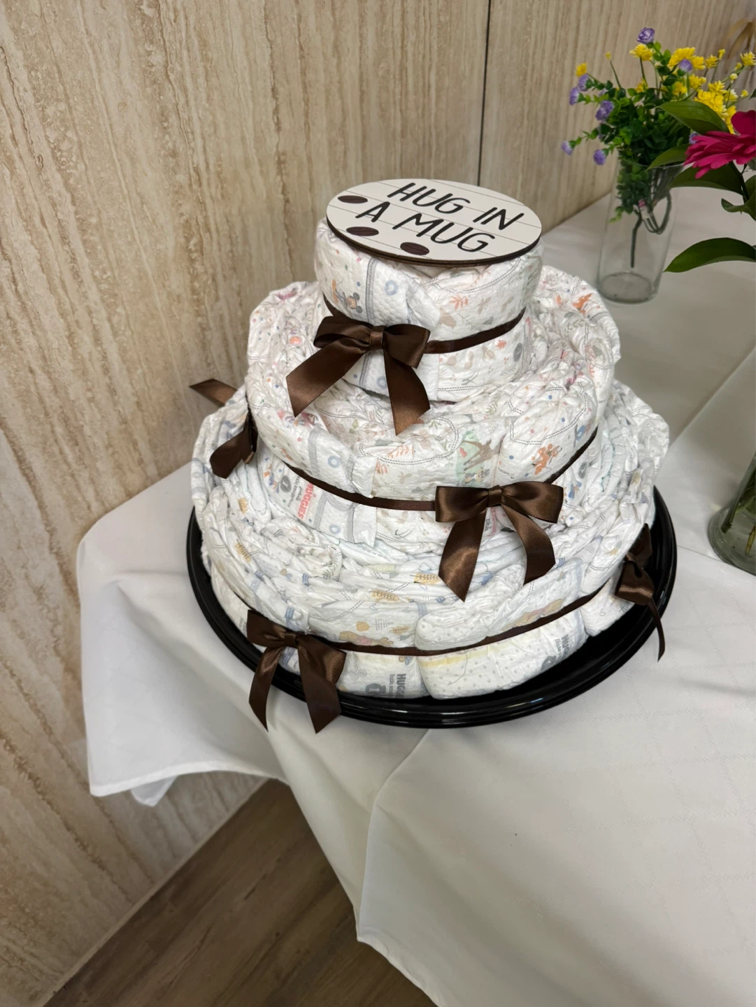 3-Tier Diaper Cake with "Hug in a Mug" Topper
