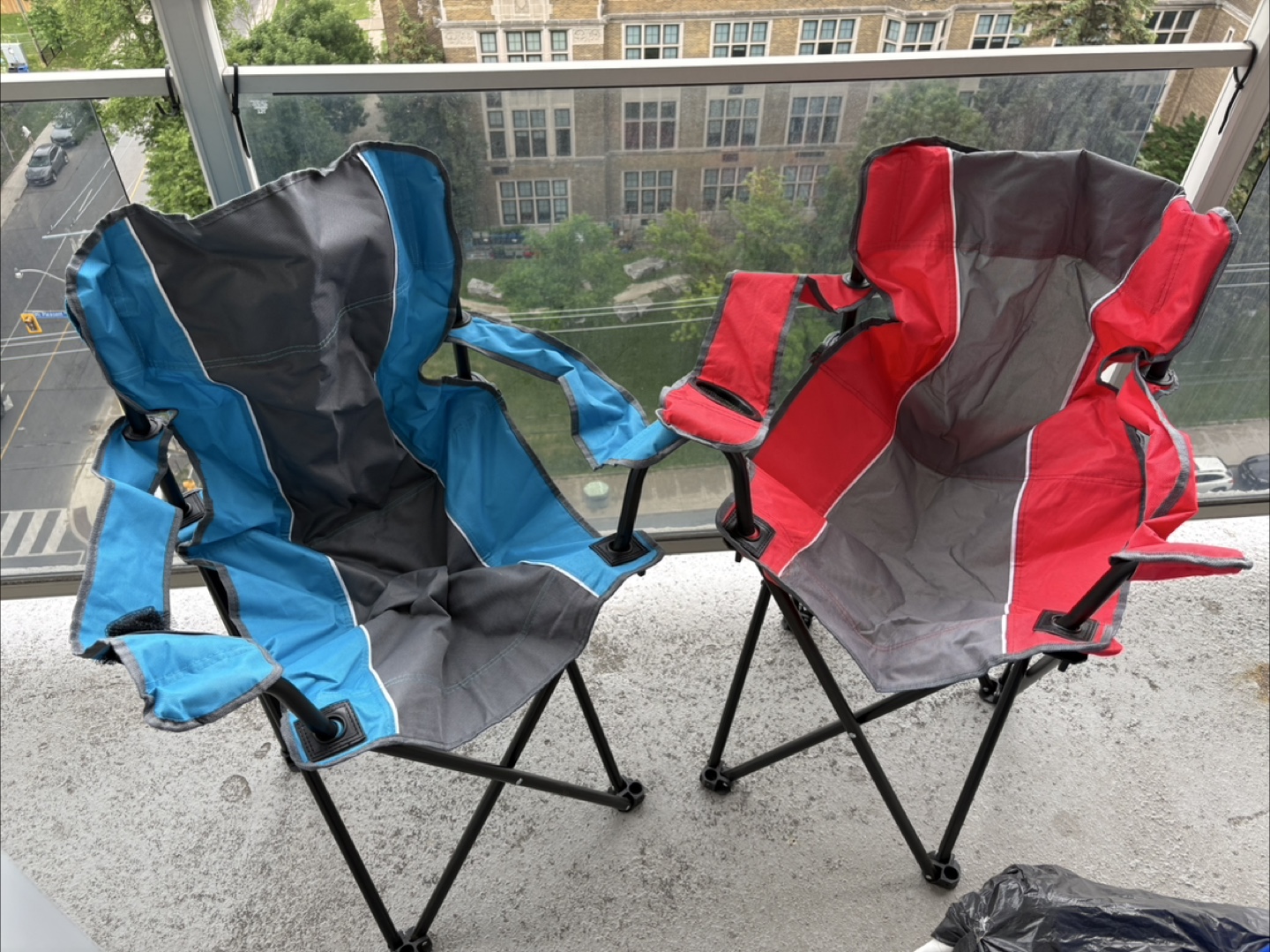 2 Camping Chairs - Blue/Grey and Red/Grey