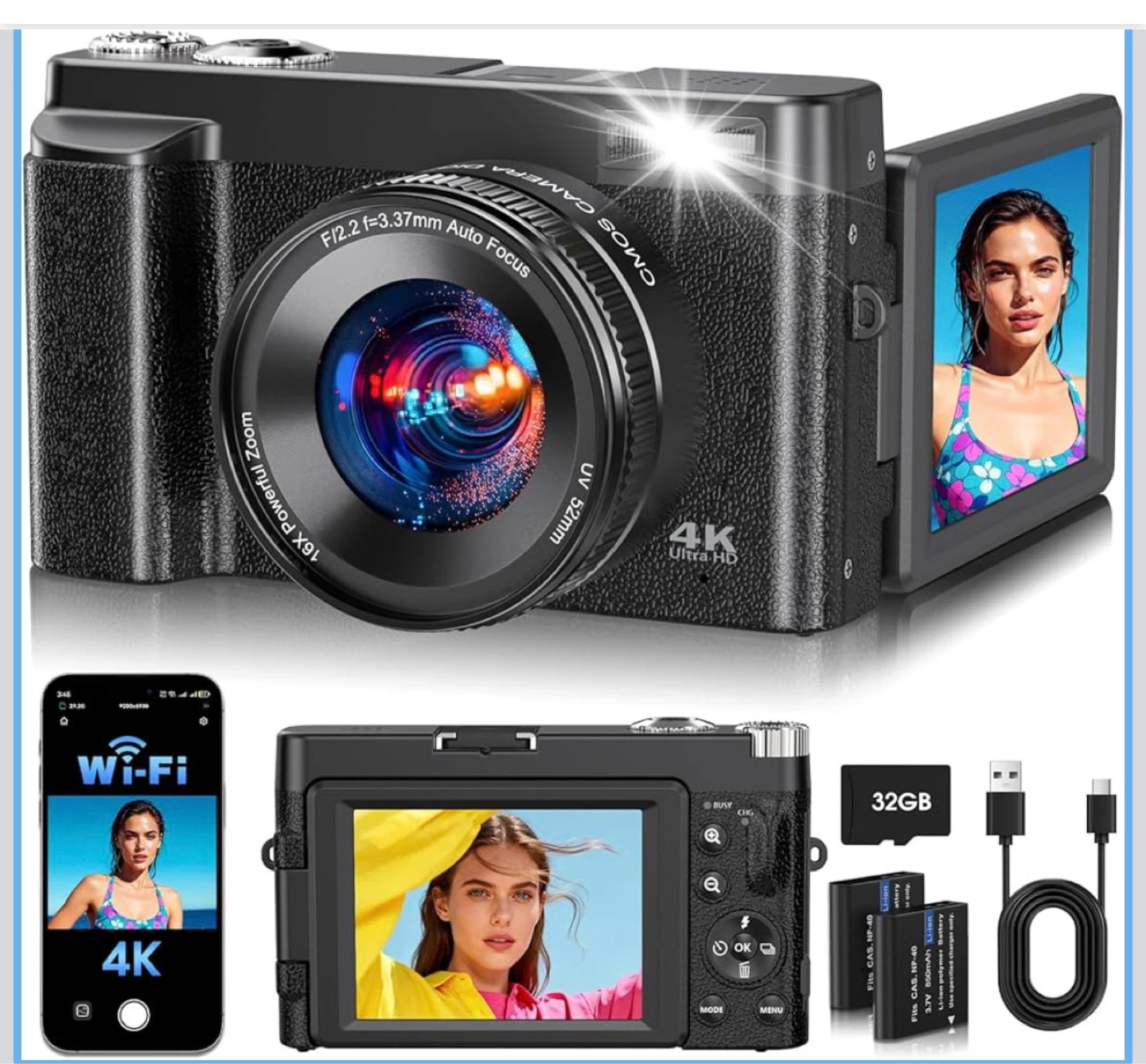 4K Ultra HD Digital Camera with 16x Zoom and 32GB Card