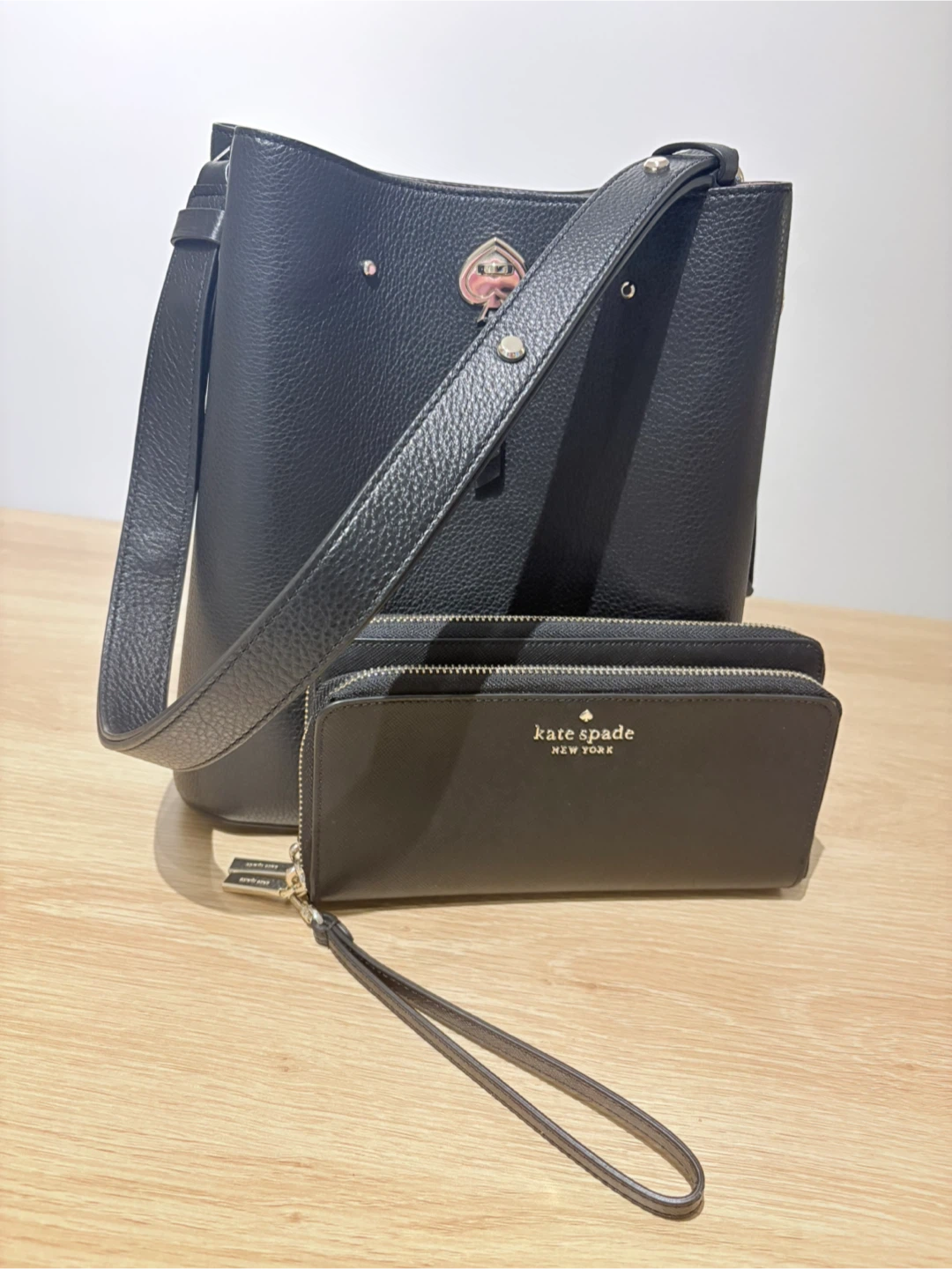 Kate Spade Black Leather Bucket Bag and Wallet Set