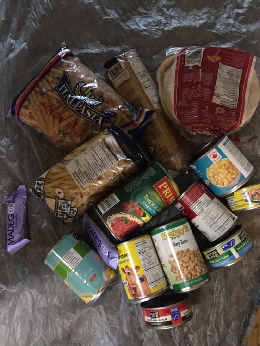 Assorted Pasta, Canned Goods, and Snacks