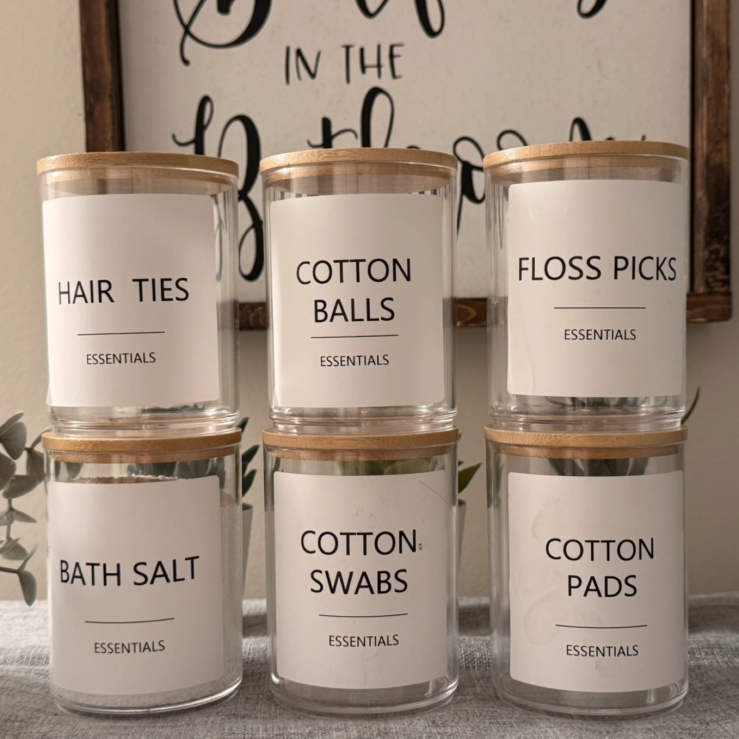 Set of 6 Bathroom Plastic Organizers w/Bamboo Lids