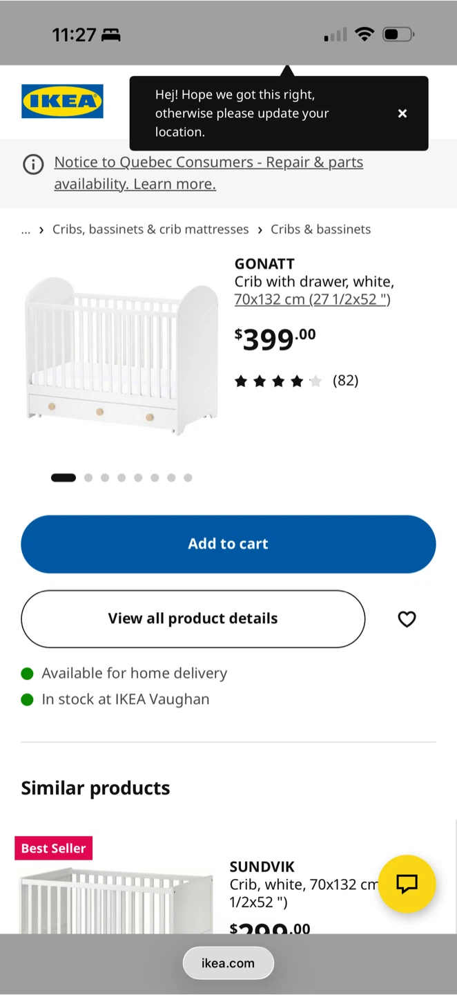 IKEA GONATT Crib with drawer, white, 70x132 cm