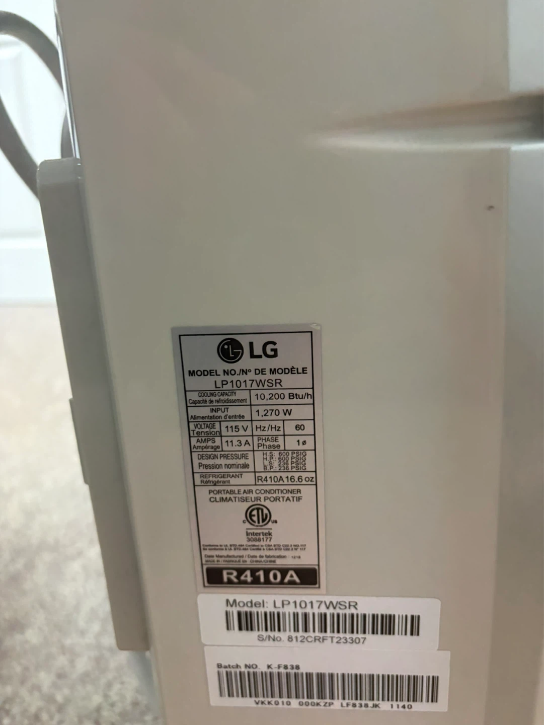 LG Portable Air Conditioner LP1017WSR - photo 2