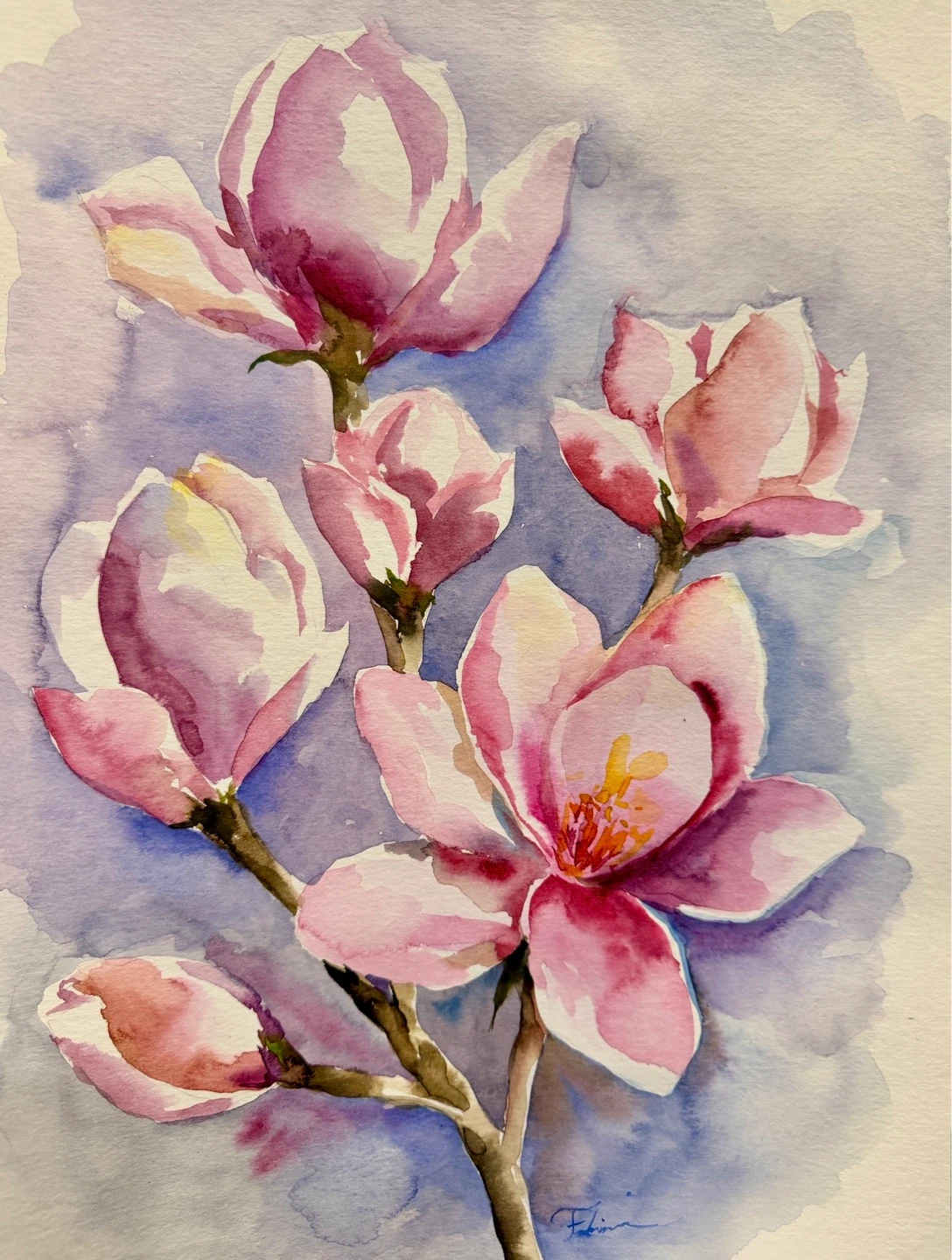 Framed Original Watercolour Painting of Pink Magnolias