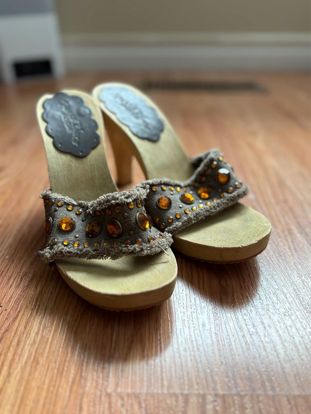 Paris Blues wooden mules with rhinestones