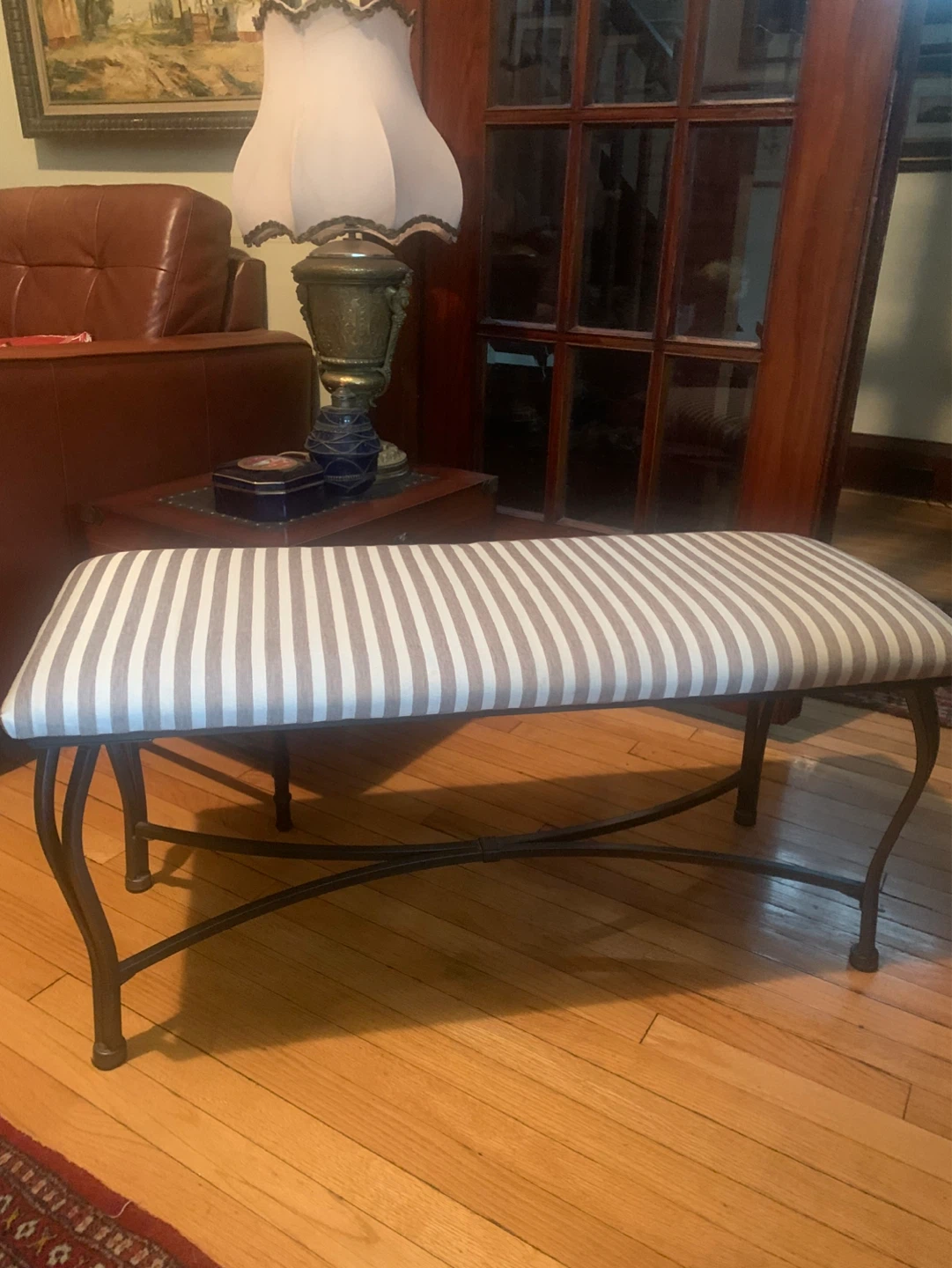 Striped Upholstered Bench with Metal Frame
