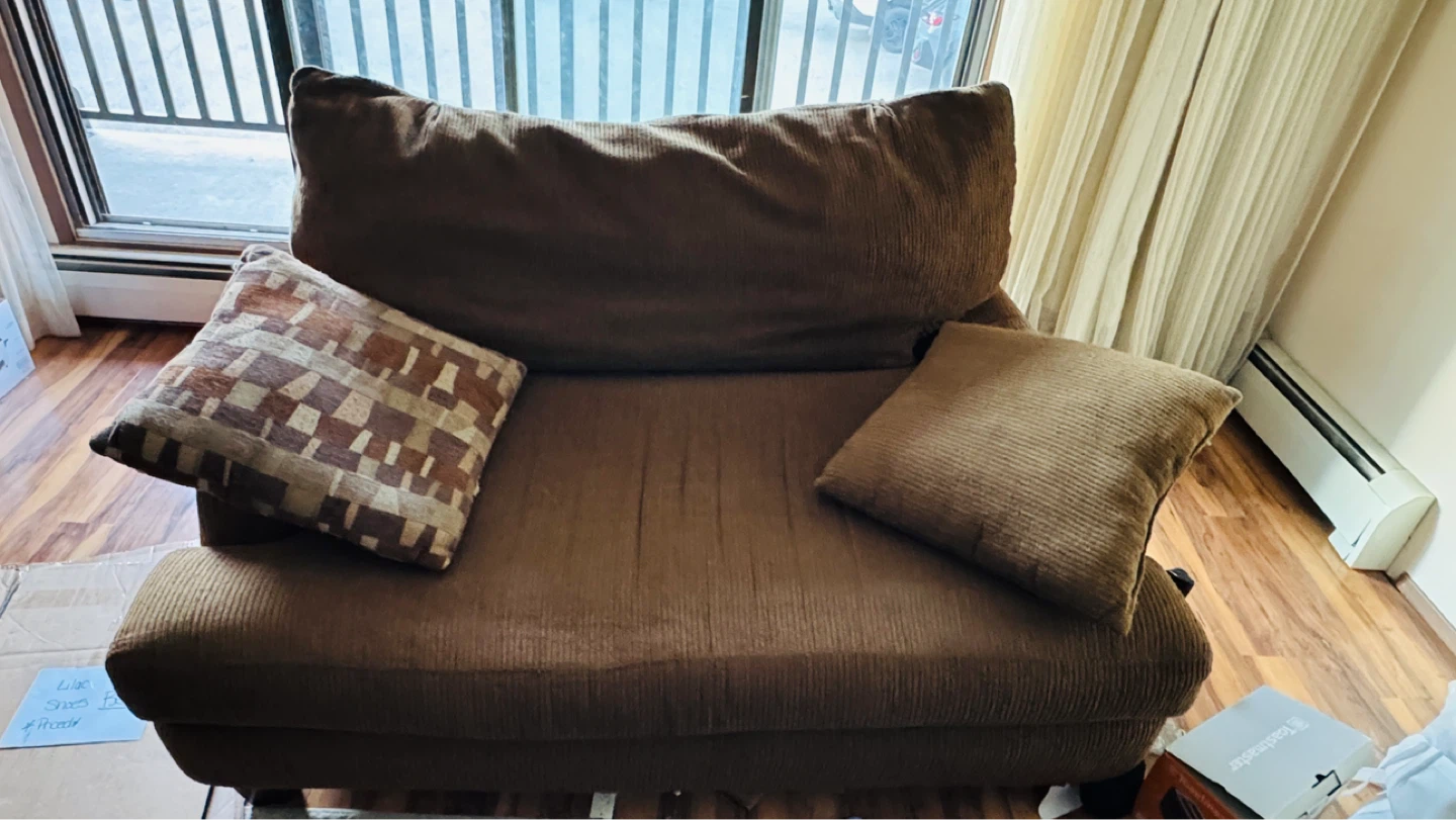 Brown Corduroy Sofa with Decorative Pillows