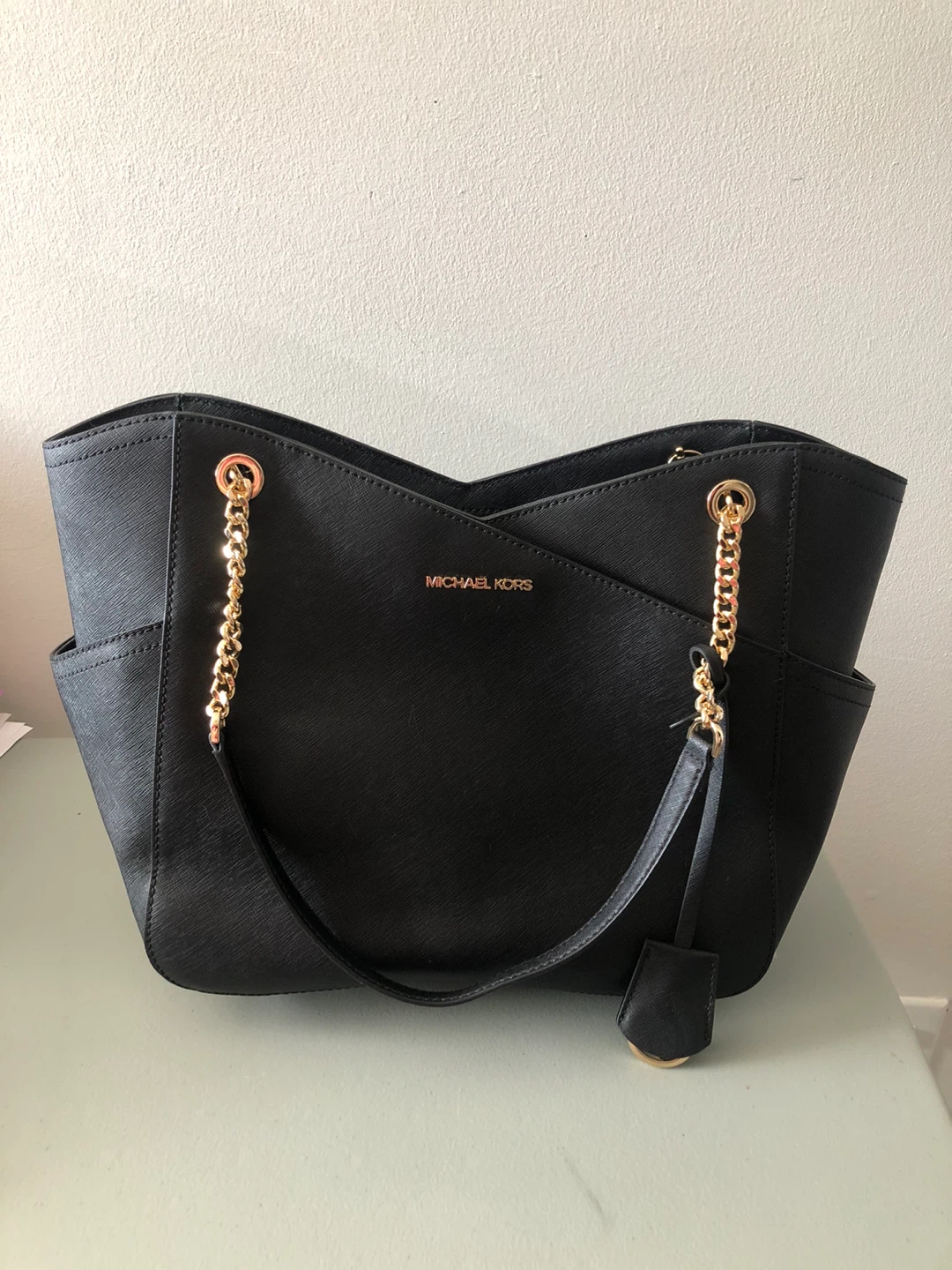 Michael Kors Black Tote Bag with Gold Chain Detail