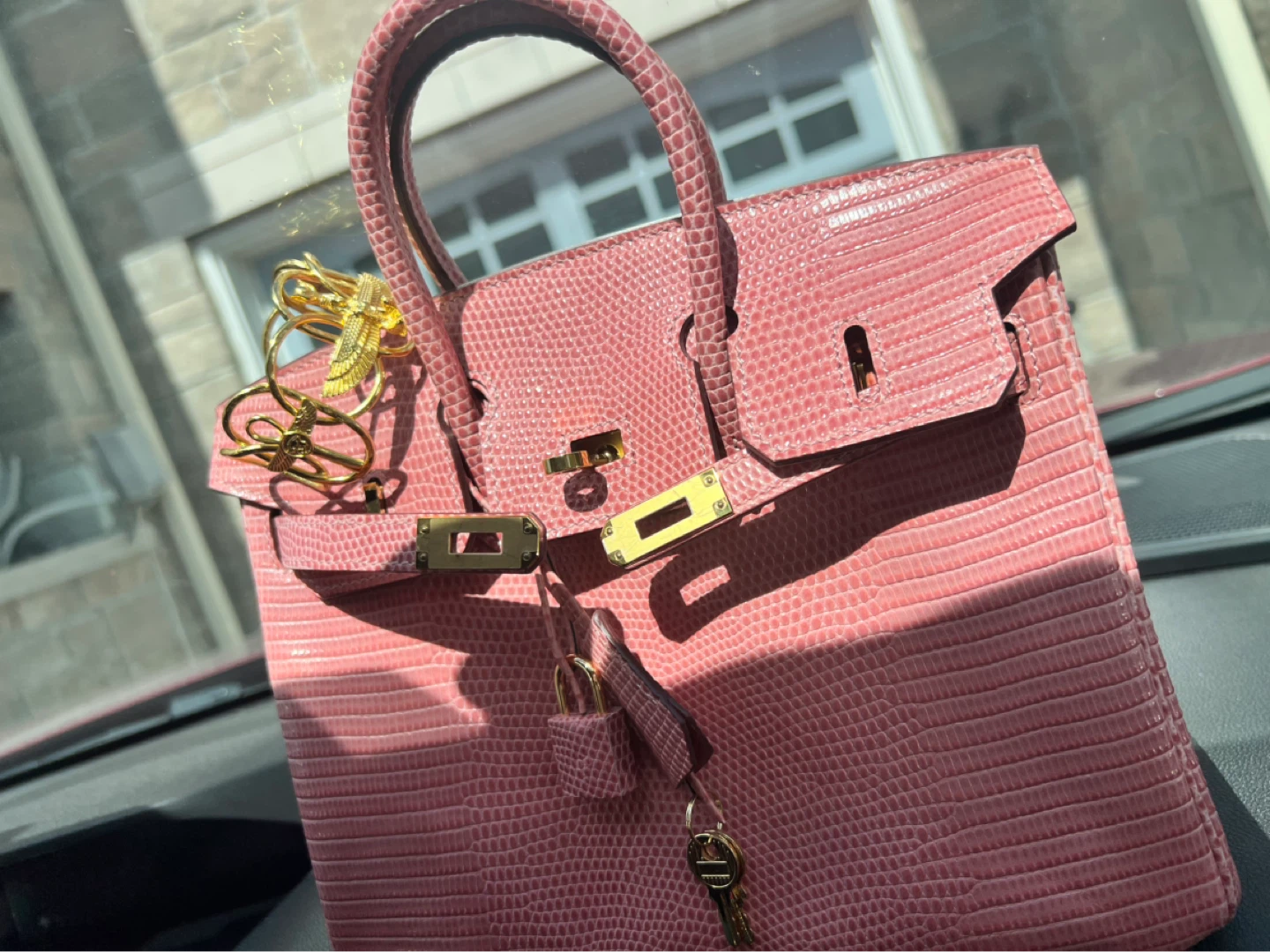 Pink Lizard-Embossed Top Handle Bag
