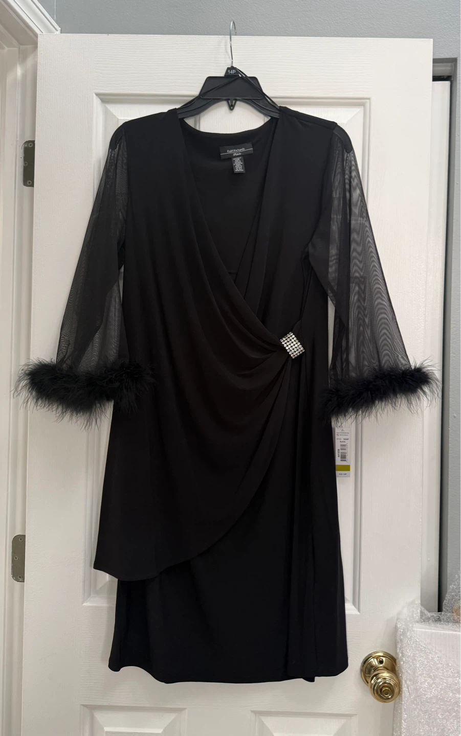 R&M Richards Black Dress with Feather Cuffs Size 14P