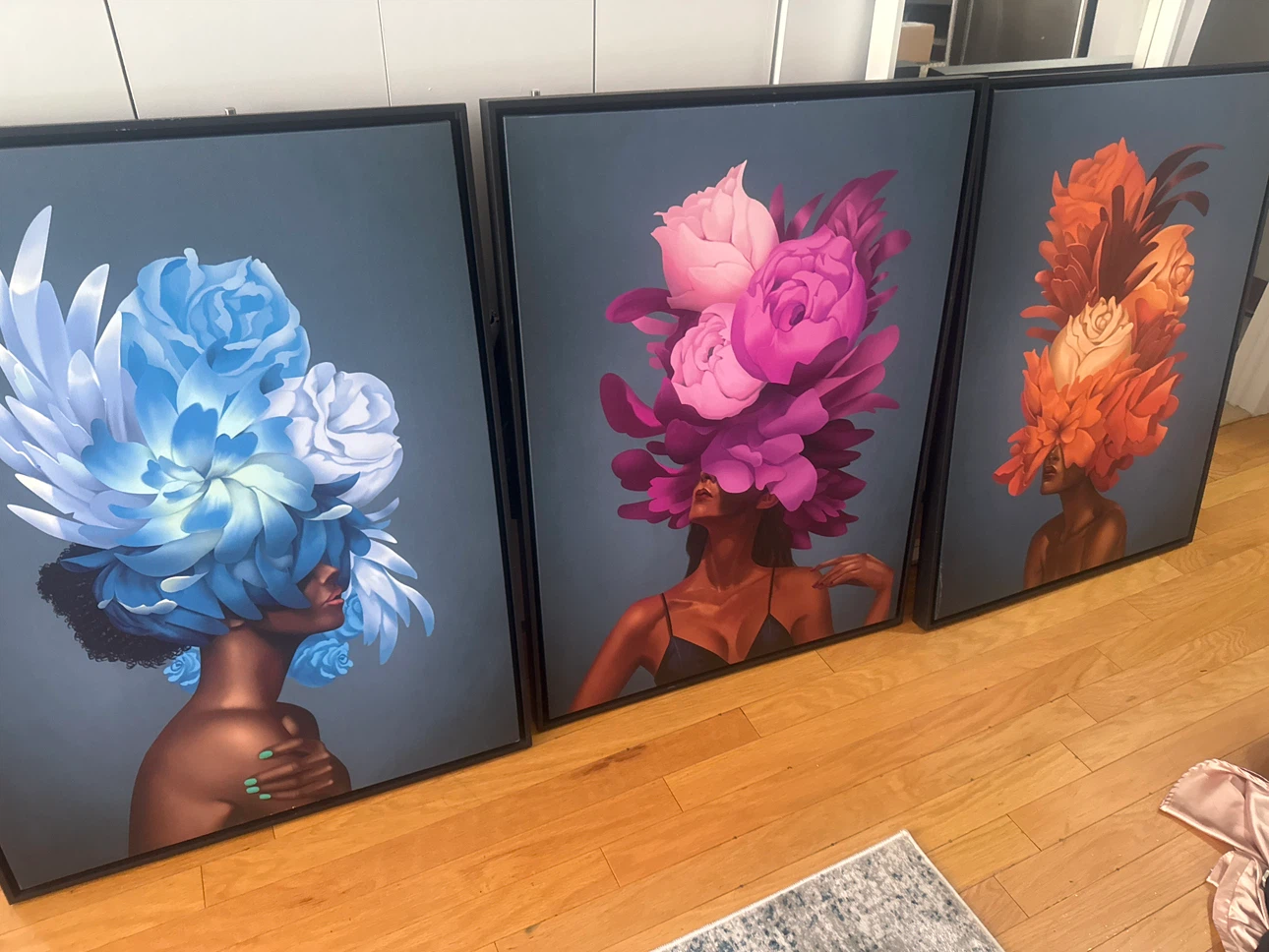Set of 3 Framed Wall Art Prints - Floral Head Woman