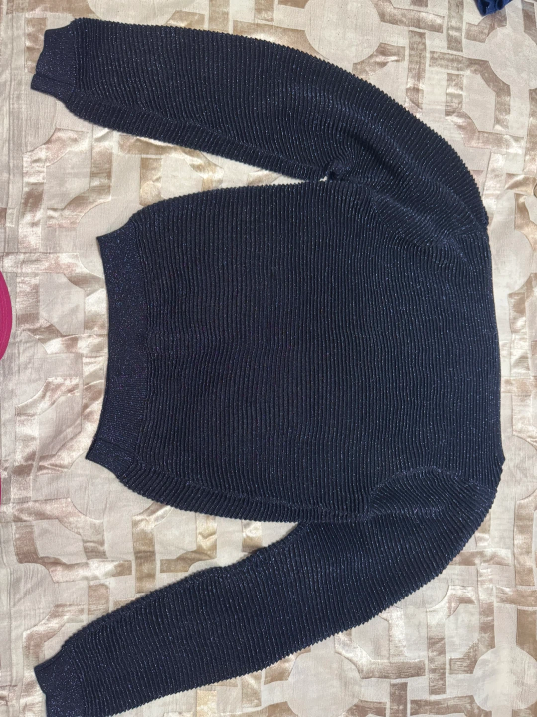 Navy Blue Ribbed Knit Sweater