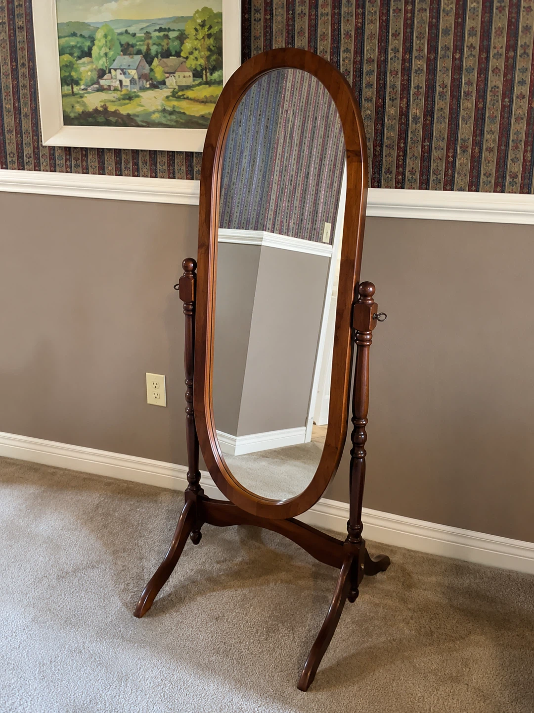 Oval Standing Mirror with Wooden Frame