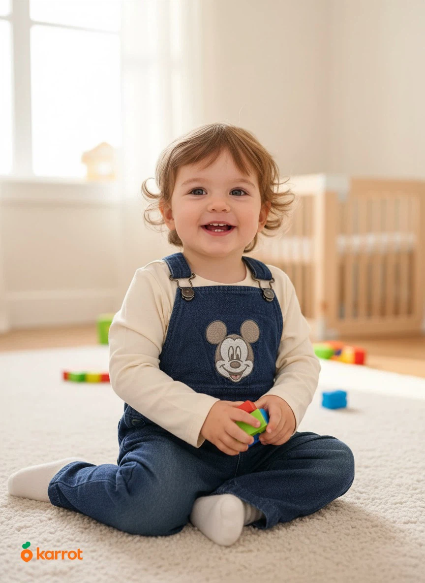 Old Navy Mickey Mouse Denim Overalls & Cream Long Sleeve Shirt