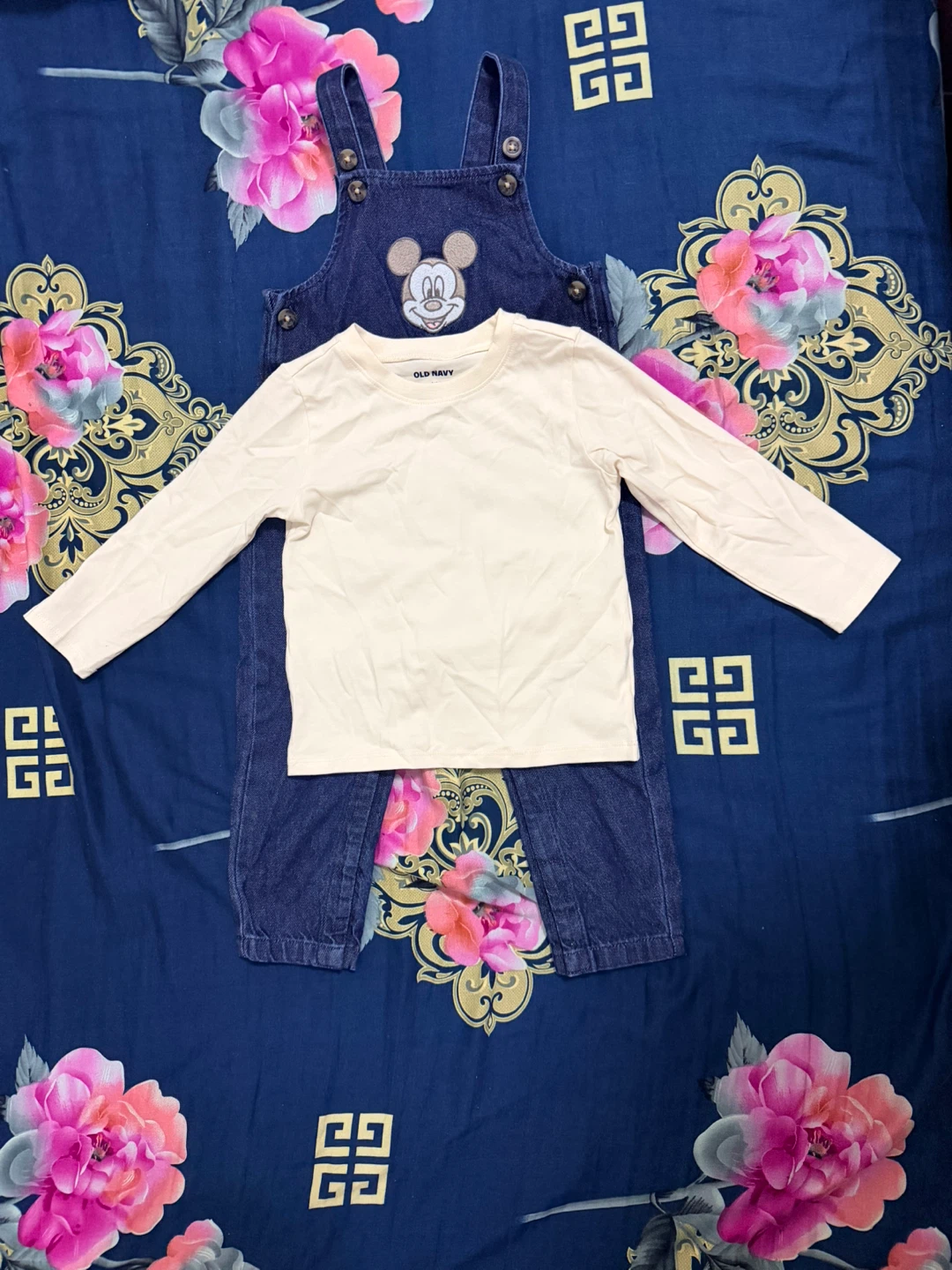Old Navy Mickey Mouse Denim Overalls & Cream Long Sleeve Shirt - photo 2