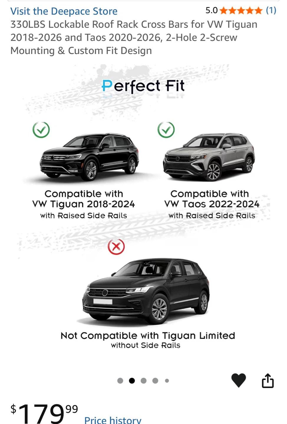 330LBS Lockable Roof Rack Cross Bars for VW Tiguan & Taos - photo 2